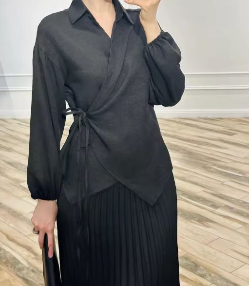 Black Modest Fashion Two Piece Outfits Muslim Women Irregular Design Shirts Lace Up Suits Spring Summer Women's Set With Skirt