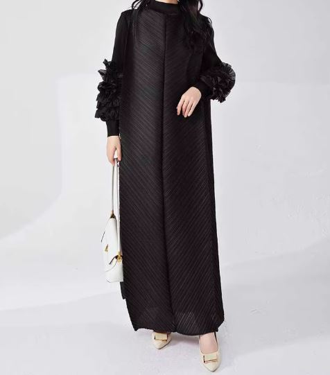 Long Black Pleated Dress With Ruffles Sleeves Loose Solid Color Stitching Female Party Clothing Summer New Clothes (Copy)