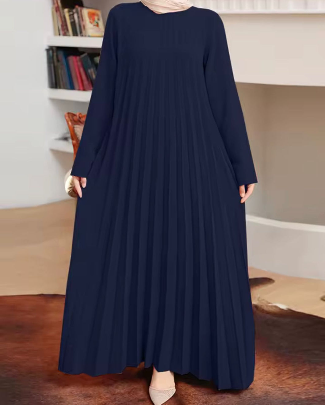 Dark Blue O Neck Solid Pleated Dress, Women Abaya Robe, Elegant Muslim Fashion
