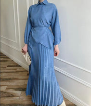 Load image into Gallery viewer, Blue Modest Fashion Two Piece Outfits Muslim Women Irregular Design Shirts Lace Up Suits Spring Summer Women&#39;s Set With Skirt
