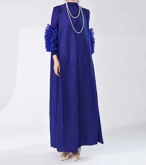 Long Royal Blue Pleated Dress With Ruffles Sleeves Loose Solid Color Stitching Female Party Clothing Summer New Clothes