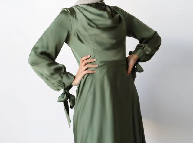 Olive Green Muslim Abaya, Eid Satin Dress for Women, Dubai Arab Abayas, Party Dress Kaftan, Modest Long Robe Graceful Ankle Length