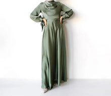 Load image into Gallery viewer, Olive Green Muslim Abaya, Eid Satin Dress for Women, Dubai Arab Abayas, Party Dress Kaftan, Modest Long Robe Graceful Ankle Length
