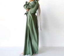 Load image into Gallery viewer, Olive Green Muslim Abaya, Eid Satin Dress for Women, Dubai Arab Abayas, Party Dress Kaftan, Modest Long Robe Graceful Ankle Length
