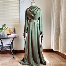 Load image into Gallery viewer, Olive Green Muslim Abaya, Eid Satin Dress for Women, Dubai Arab Abayas, Party Dress Kaftan, Modest Long Robe Graceful Ankle Length
