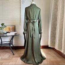 Load image into Gallery viewer, Olive Green Muslim Abaya, Eid Satin Dress for Women, Dubai Arab Abayas, Party Dress Kaftan, Modest Long Robe Graceful Ankle Length

