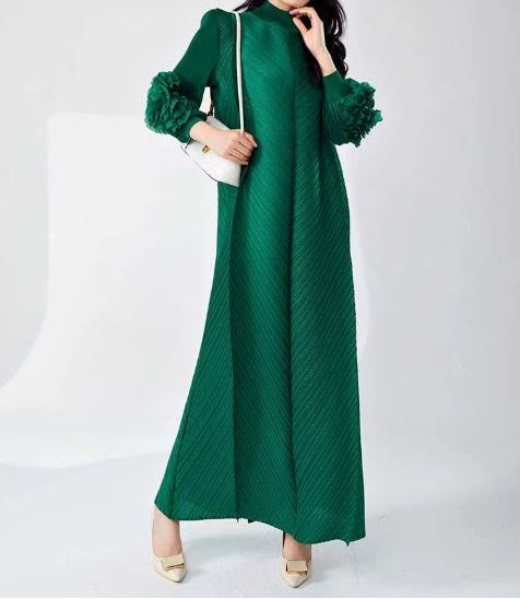 Long Green Pleated Dress With Ruffles Sleeves Loose Solid Color Stitching Female Party Clothing Summer New Clothes