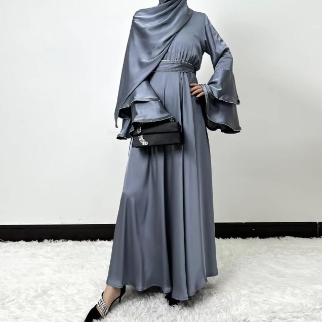 Gray Eid Abaya Muslim Women Modest 3 Piece Set Dresses Sashes Scarf Vestidos Jalabiya Kaftan Arab Long Robe Ramadan abaya
