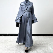 Load image into Gallery viewer, Gray Eid Abaya Muslim Women Modest 3 Piece Set Dresses Sashes Scarf Vestidos Jalabiya Kaftan Arab Long Robe Ramadan abaya

