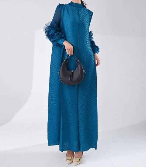 Long Blue Pleated Dress With Ruffles Sleeves Loose Solid Color Stitching Female Party Clothing Summer New Clothes