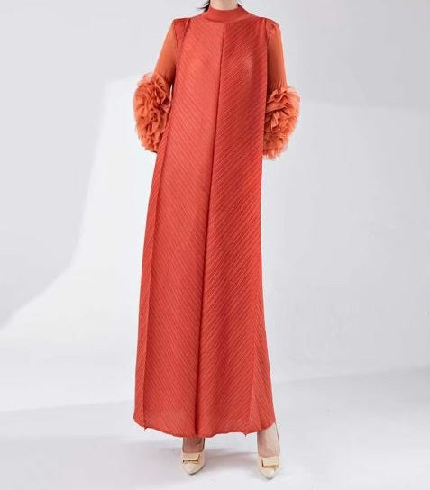 Long Orange Pleated Dress With Ruffles Sleeves Loose Solid Color Stitching Female Party Clothing Summer New Clothes