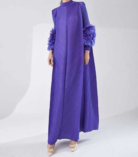 Long Purple Pleated Dress With Ruffles Sleeves Loose Solid Color Stitching Female Party Clothing Summer New Clothes
