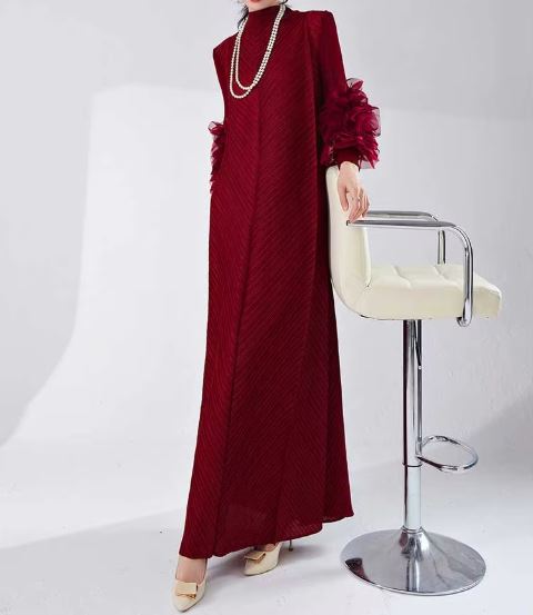 Long Wine Red Pleated Dress With Ruffles Sleeves Loose Solid Color Stitching Female Party Clothing Summer New Clothes