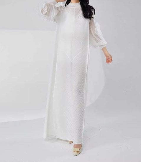 Long White Pleated Dress With Ruffles Sleeves Loose Solid Color Stitching Female Party Clothing Summer New Clothes