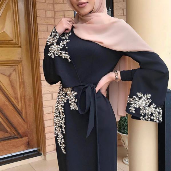 Black Abaya Flare Long Sleeve, Floral Lace Beading Patchwork Turkey Hijab Robe Kaftan