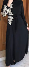 Load image into Gallery viewer, Black Abaya Flare Long Sleeve, Floral Lace Beading Patchwork Turkey Hijab Robe Kaftan
