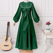 Load image into Gallery viewer, Green Women Elegant Evening Maxi Dress, Satin Puff Sleeve Bow Tie Casual Solid Long Sundress
