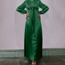 Load image into Gallery viewer, Green Women Elegant Evening Maxi Dress, Satin Puff Sleeve Bow Tie Casual Solid Long Sundress
