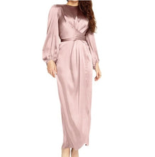 Load image into Gallery viewer, Pink Front Wrap Self-Tie Abaya, Satin Puff Long Sleeve Maxi, Solid Color Party Gown
