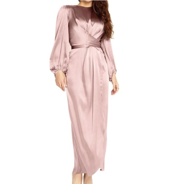 Pink Front Wrap Self-Tie Abaya, Satin Puff Long Sleeve Maxi, Solid Color Party Gown