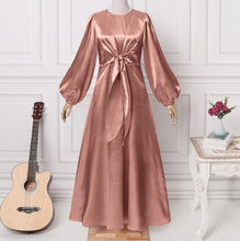 Load image into Gallery viewer, Pink Women Elegant Evening Maxi Dress, Satin Puff Sleeve Bow Tie Casual Solid Long Sundress
