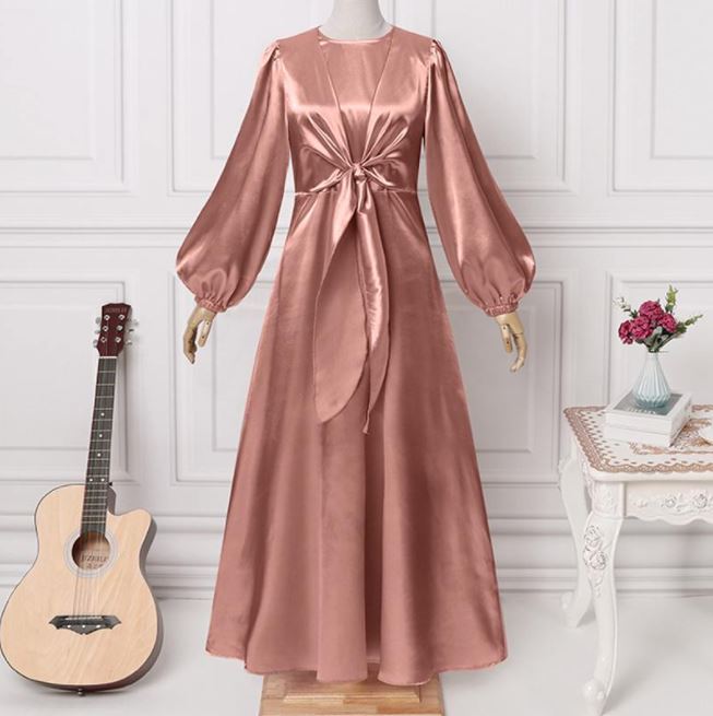 Pink Women Elegant Evening Maxi Dress, Satin Puff Sleeve Bow Tie Casual Solid Long Sundress