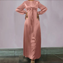 Load image into Gallery viewer, Pink Women Elegant Evening Maxi Dress, Satin Puff Sleeve Bow Tie Casual Solid Long Sundress
