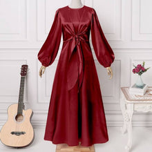 Load image into Gallery viewer, Red Women Elegant Evening Maxi Dress, Satin Puff Sleeve Bow Tie Casual Solid Long Sundress

