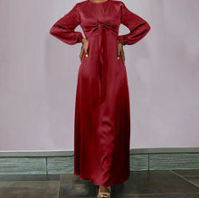 Load image into Gallery viewer, Red Women Elegant Evening Maxi Dress, Satin Puff Sleeve Bow Tie Casual Solid Long Sundress
