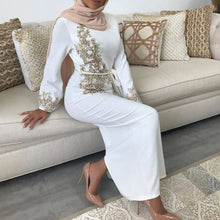 Load image into Gallery viewer, White Abaya Flare Long Sleeve, Floral Lace Beading Patchwork Turkey Hijab Robe Kaftan
