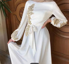 Load image into Gallery viewer, White Abaya Flare Long Sleeve, Floral Lace Beading Patchwork Turkey Hijab Robe Kaftan
